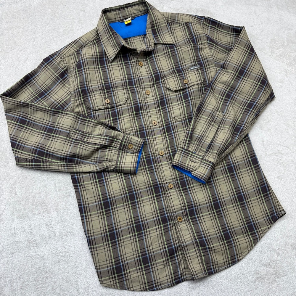 Eddie Bauer Travex Button Up Shirt Mens M Green Brown Plaid Long Sleeve Outdoors